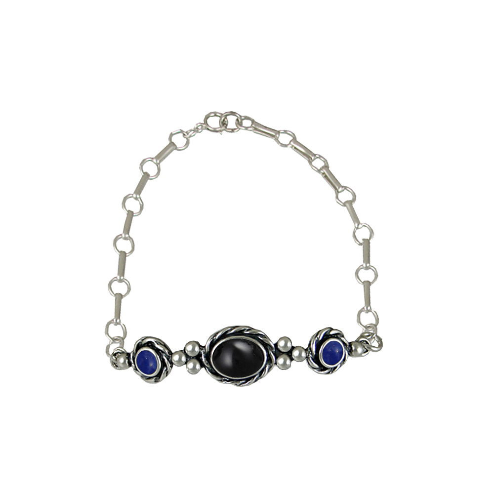 Sterling Silver Gemstone Adjustable Chain Bracelet With Black Onyx And Lapis Lazuli